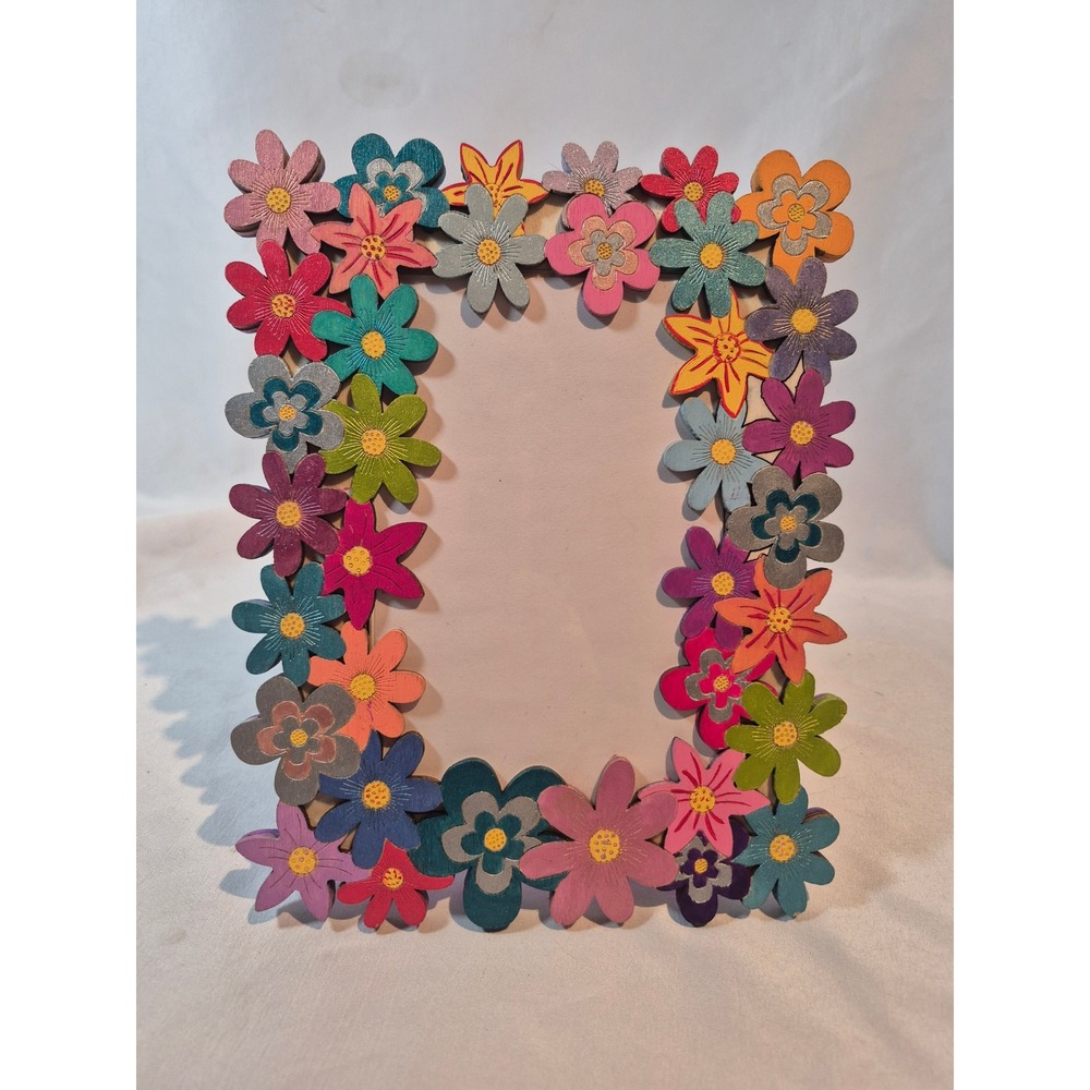 Colorful Floral Wood Picture Frame 4x6 Multi Color Flower Border Decor 8.5×6.75